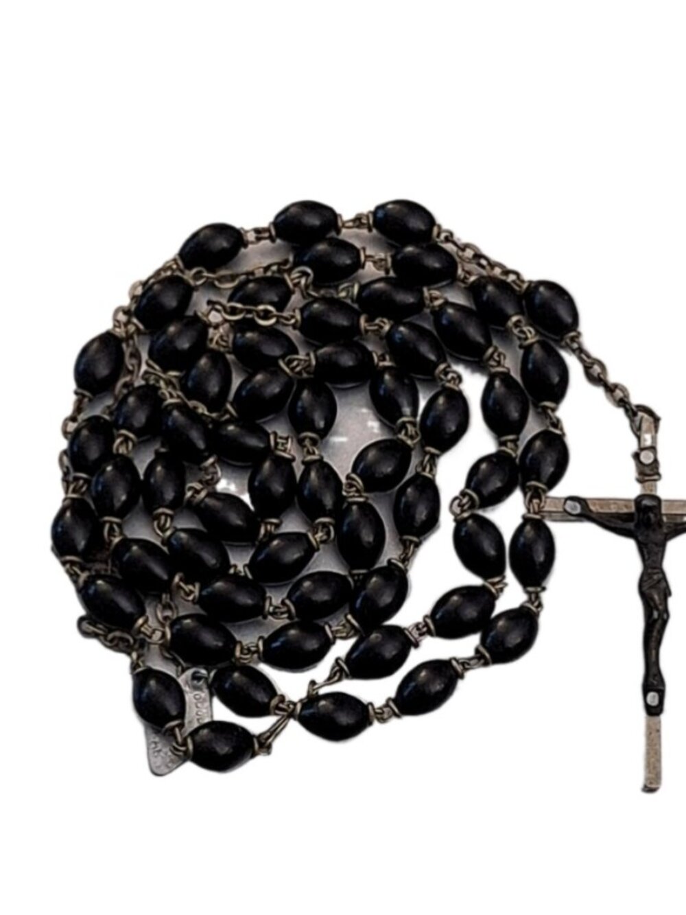Vintage Black Coco Beads Rosary Indecrochable Italy 22"